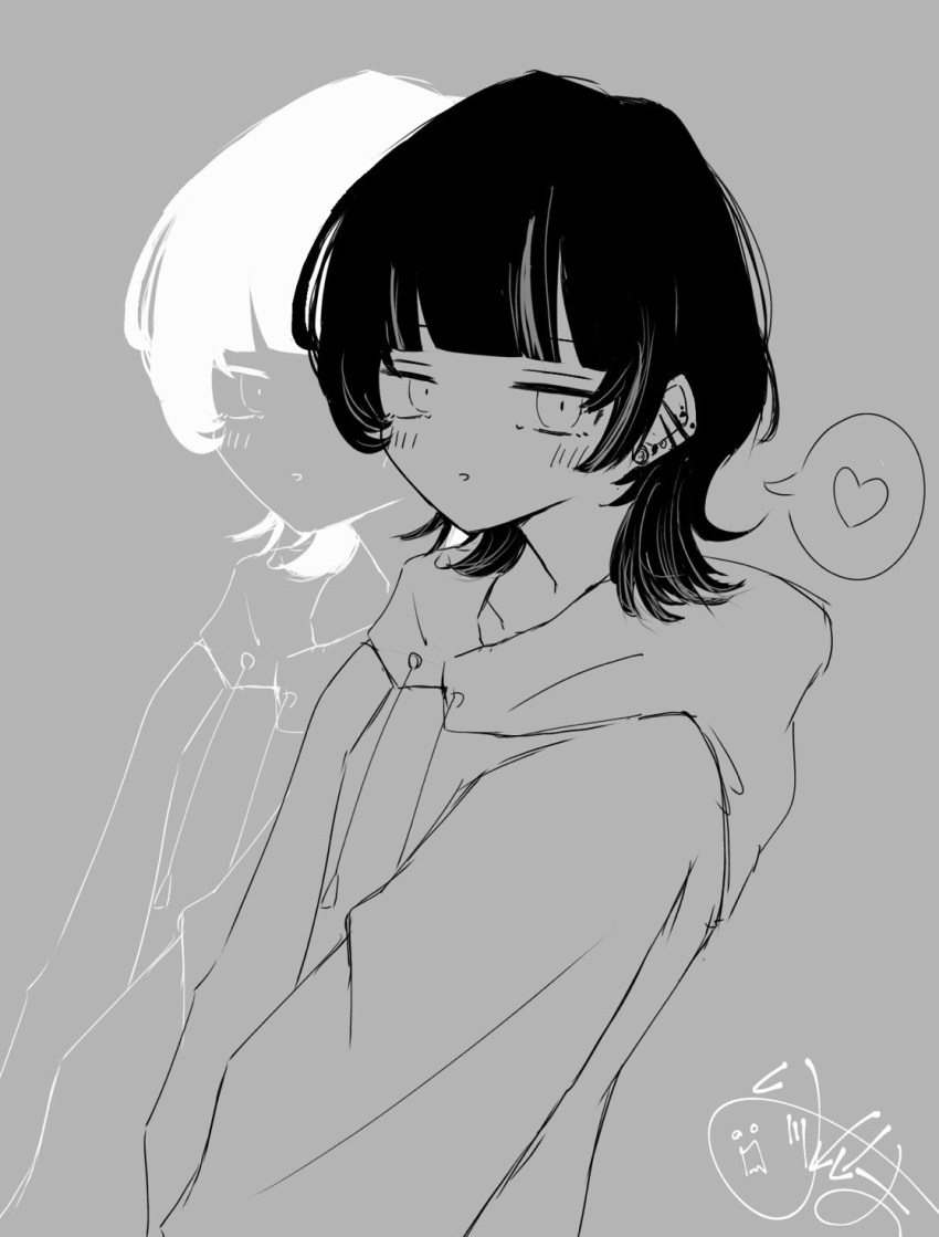 1girl, alternate_hairstyle, black_hair, ear_piercing, expressionless, heart, highres, hood