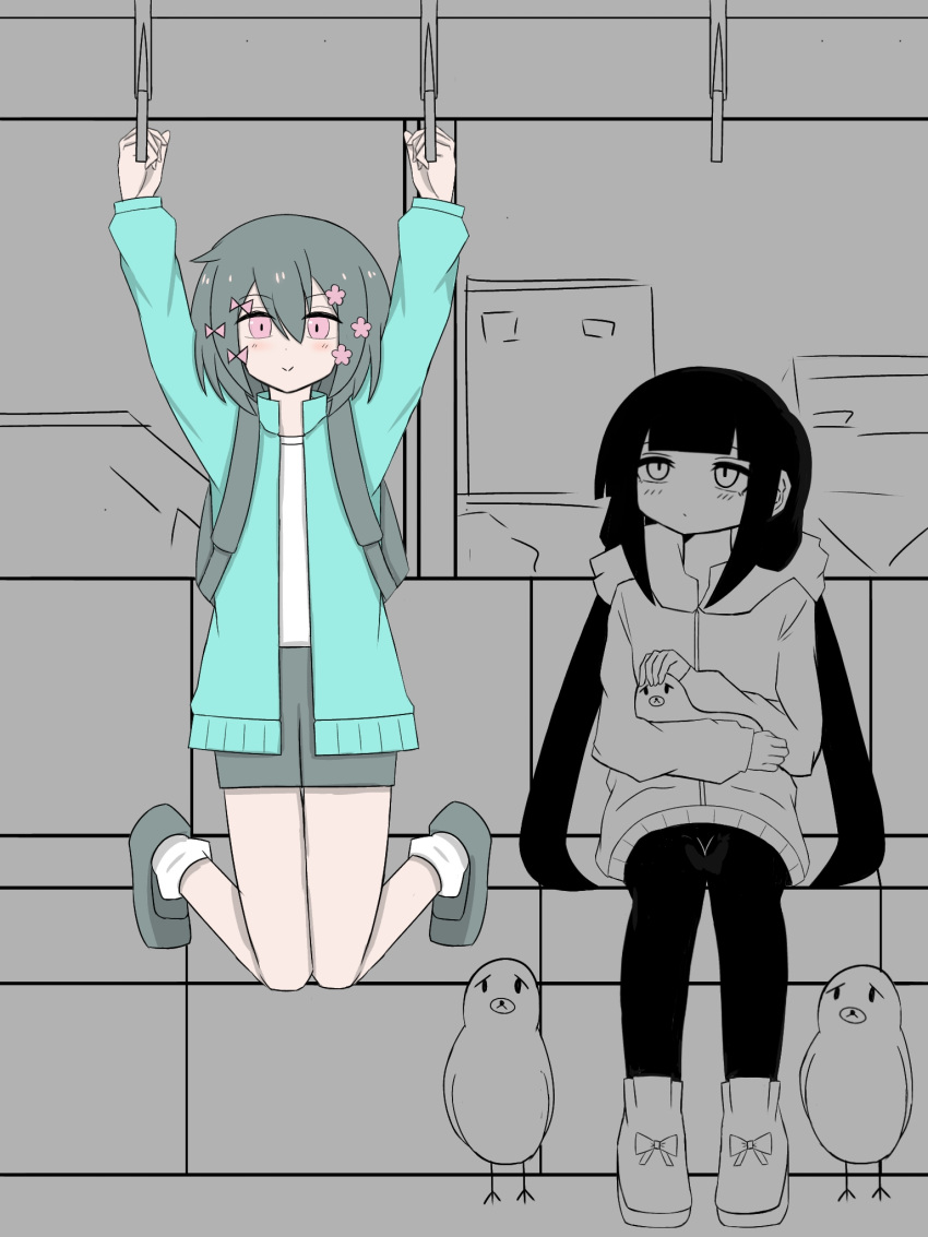 2girls, animal, aqua_jacket, artist_request, backpack, bag, bird, black_hair