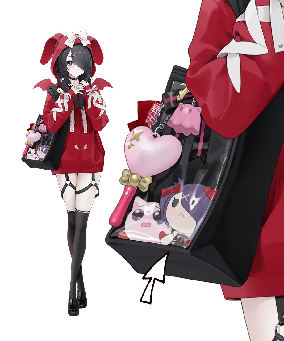 1girl, ame-chan_(needy_girl_overdose), animal_ear_hood, animal_ears, arrow_(symbol), bag, black_choker, black_eyes