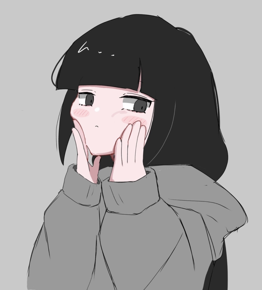 1girl, black_eyes, black_hair, expressionless, grey_background, grey_hoodie, hands_on_own_cheeks, hands_on_own_face