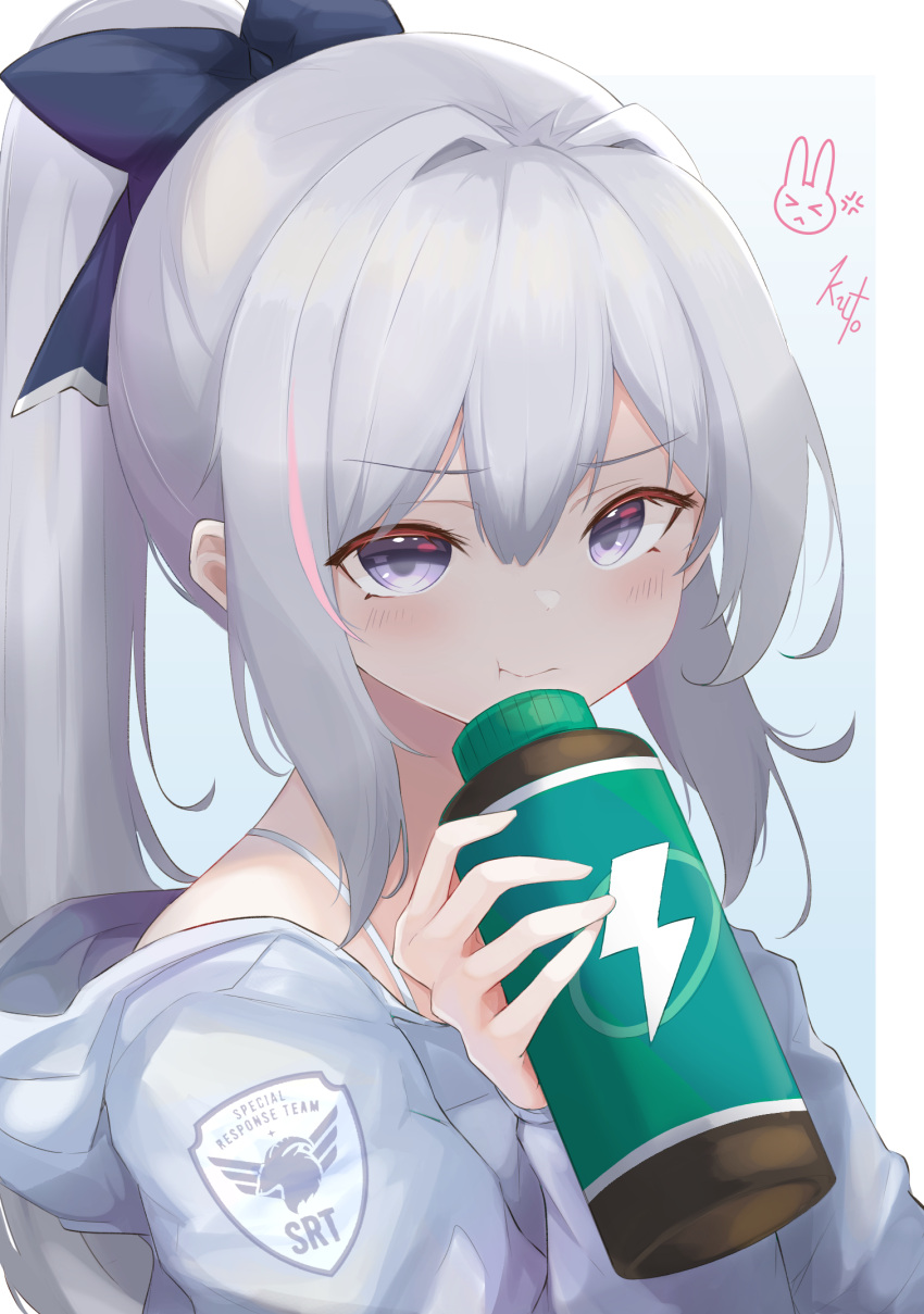 1girl, anger_vein, blue_archive, blush, bottle, closed_mouth, commentary, english_commentary