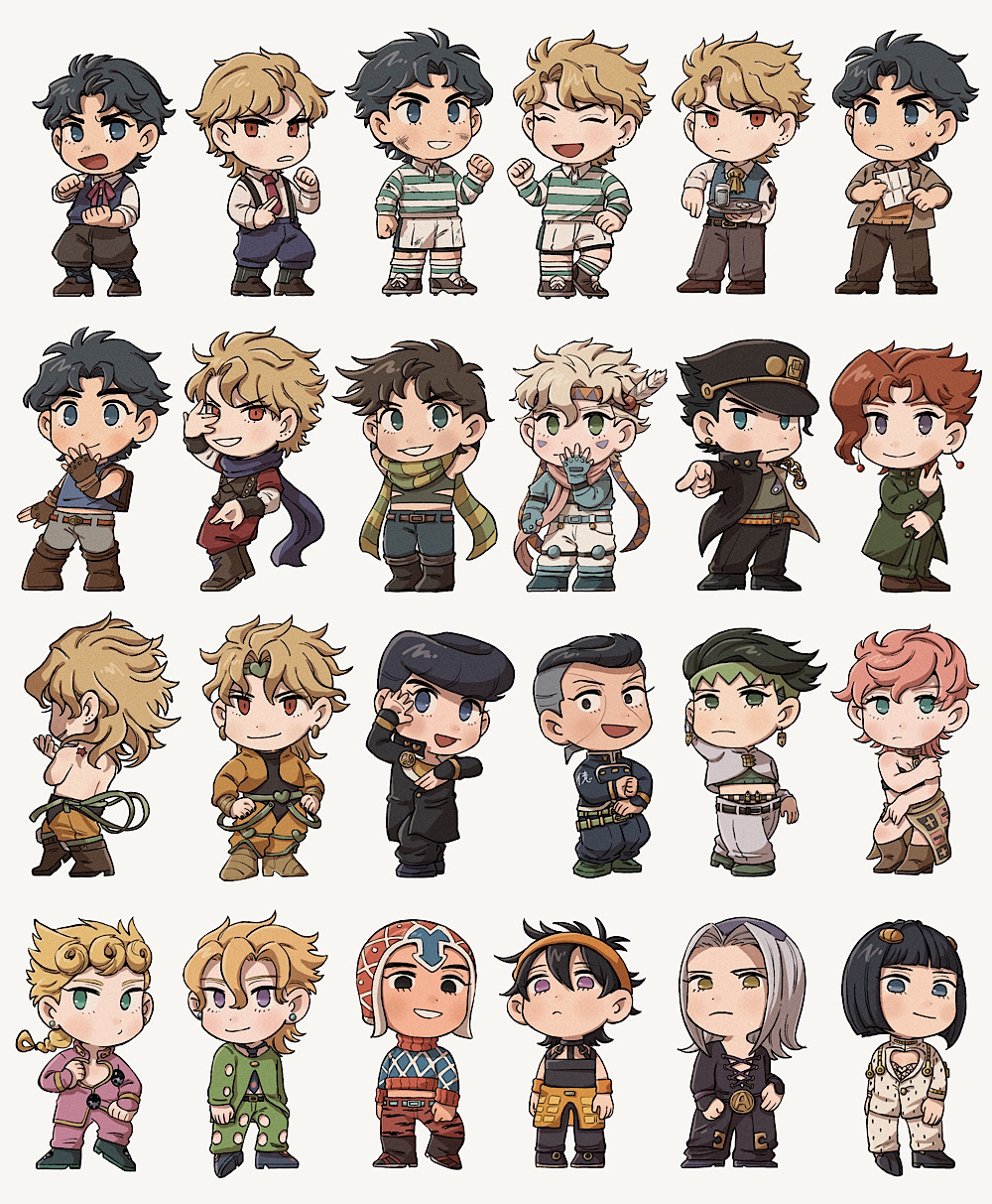 1girl, 6+boys, \m/, ^_^, animal_print, argyle, argyle_sweater, arm_behind_head, arms_behind_head, ascot, battle_tendency, belt, belt_buckle, birthmark, black_coat, black_eyes, black_hair, black_necktie, black_shirt, blonde_hair, blue_belt, blue_eyes, blue_footwear, blue_gloves, blue_jacket, blue_pants, blue_scarf, blue_shirt, blue_socks, blue_sweater, blue_sweater_vest, blue_vest, bob_cut, boots, braid, brown_belt, brown_footwear, brown_gloves, brown_hair, brown_jacket, brown_pants, brown_vest, bruno_bucciarati, buckle, bug, caesar_anthonio_zeppeli, center_opening, chain, cherry_earrings, chibi, choker, cleats, cleavage_cutout, clenched_hands, closed_eyes, closed_mouth, clothing_cutout, coat, collared_shirt, constricted_pupils, covering_mouth, crop_top, cropped_jacket, cropped_sweater, crossed_legs, cup, diamond_wa_kudakenai, dio_brando, dio_brando's_pose_(jojo), dirty, dirty_clothes, dirty_face, double_\m/, drinking_glass, earrings, evil_grin, evil_smile, facial_mark, facing_away, feather_hair_ornament, feathers, fingerless_gloves, flattop, food-themed_earrings, full_body, gakuran, giorno_giovanna, giorno_giovanna's_pose_(jojo), gloves, green_belt, green_eyes, green_footwear, green_gakuran, green_headband, green_jacket, green_pants, green_scarf, green_shirt, green_socks, green_sweater, grey_hair, grey_pants, grin, guido_mista, hair_between_eyes, hair_ornament, hairband, hairclip, hand_on_own_hip, hand_over_face, hand_over_own_mouth, hand_up, hands_on_own_hips, hat, headband, heart_cutout, higashikata_josuke, higashikata_josuke's_pose_(jojo), highres, holding, holding_paper, holding_tray, jacket, jewelry, joestar_birthmark, jojo_no_kimyou_na_bouken, jojo_pose, jonathan_joestar, jonathan_joestar's_pose_(jojo), joseph_joestar, joseph_joestar's_pose_(jojo), joseph_joestar_(young), kakyoin_noriaki, kakyoin_noriaki's_pose_(jojo), kishibe_rohan, knee_pads, knee_up, kujo_jotaro, kujo_jotaro's_pose_(jojo), ladybug, ladybug_ornament, leone_abbacchio, long_coat, long_hair, long_sleeves, looking_at_viewer, math, medium_hair, messy_hair, minus_sign, multicolored_belt, multicolored_clothes, multicolored_hair, multicolored_scarf, multicolored_shirt, multiple_belts, multiple_boys, multiple_views, narancia_ghirga, neck_ribbon, necktie, nijimura_okuyasu, open_clothes, open_coat, open_jacket, open_mouth, orange_belt, orange_hairband, orange_headband, orange_skirt, orange_wristband, pannacotta_fugo, pants, paper, peace_symbol, pen_nib, phantom_blood, pill, pink_hair, pink_scarf, plunging_neckline, plus_sign, pointing, pointing_at_viewer, pompadour, print_pants, print_skirt, purple_headband, purple_jacket, purple_pants, red_belt, red_eyes, red_necktie, red_pants, red_ribbon, red_shirt, redhead, ribbon, sanpaku, scarf, school_uniform, shirt, shoes, short_hair, shorts, simple_background, single_braid, skirt, sleeveless, sleeveless_shirt, sleeves_past_wrists, smile, smirk, socks, standing, stardust_crusaders, striped, striped_scarf, striped_shirt, striped_socks, stud_earrings, suspenders, sweat, sweater, sweater_vest, thick_eyebrows, tiger_print, tofu_wk_mha, topless_male, tray, triangle_facial_mark, triangle_print, trish_una, turtleneck, turtleneck_sweater, two-tone_hair, v-shaped_eyebrows, vento_aureo, vertical-striped_socks, vertical_stripes, vest, violet_eyes, watson_cross, white_background, white_jacket, white_pants, white_shirt, white_shorts, yellow_ascot, yellow_eyes, yellow_jacket, yellow_pants