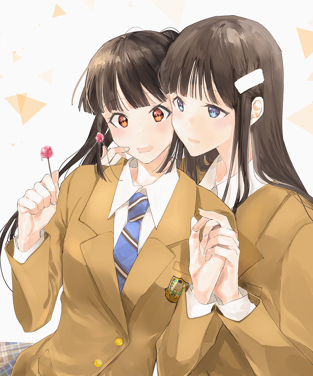 2girls, black_hair, blue_eyes, buttons, candy, commission, couple, dress_shirt