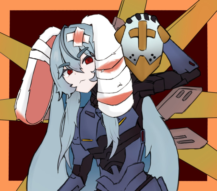 1girl, @_@, ahoge, bandages, blood, blood_on_bandages, blue_hair, border, cosplay, fang, gabriel_(ultrakill), hair_between_eyes, highres, indie_virtual_youtuber, joints, light_blue_hair, long_hair, looking_at_viewer, mechanical_wings, noiriririri, para_(vtuber), red_background, red_eyes, robot_joints, sidelocks, skin_fang, spread_wings, thick_eyebrows, ultrakill, v1_(ultrakill), v1_(ultrakill)_(cosplay), very_long_hair, wings, yellow_border