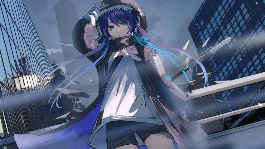 1girl, aqua_eyes, arknights, arm_up, bandana, bandana_around_neck, belt, black_bandana, black_belt, black_coat, black_hood, black_horns, black_pouch, black_shorts, blue_hair, breasts, buckle, building, city, cityscape, closed_mouth, clouds, coat, commentary, cowboy_shot, day, demon_horns, detached_wings, dutch_angle, energy_wings, expressionless, eyelashes, eyeliner, fallen_angel, film_grain, floating_clothes, floating_hair, fog, from_below, full-length_zipper, fur-trimmed_coat, fur-trimmed_hood, fur_trim, gloves, grab_pigeon, grey_sky, grey_wings, hair_between_eyes, highres, holding_hood, hood, hood_up, hooded_coat, horns, layered_sleeves, long_hair, long_sleeves, looking_at_viewer, looking_down, makeup, mostima_(arknights), open_clothes, open_coat, outdoors, pocket, pouch, red_eyeliner, reflection, shirt, short_shorts, shorts, shoulder_belt, sky, skyscraper, snap-fit_buckle, solo, staff, standing, two-sided_coat, two-sided_fabric, untucked_shirt, urban, very_long_hair, white_gloves, white_shirt, wide_sleeves, window, wings, zipper