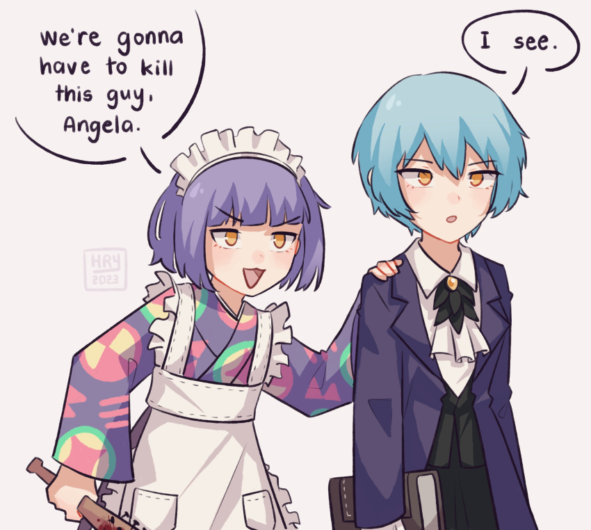 2girls, absurdres, angela_(project_moon), apron, ascot, baseball_cap, black_ascot, black_pants, black_vest, blue_coat, blue_hair, bob_cut, book, brooch, coat, collared_shirt, commentary, english_commentary, frilled_apron, frills, hair_between_eyes, hat, highres, hirayacreates, holding, holding_book, i_think_we're_gonna_have_to_kill_this_guy_steven_(meme), japanese_clothes, jewelry, kimono, library_of_ruina, maid_apron, maid_headdress, meme, multiple_girls, nail, pants, pocket, project_moon, purple_hair, purple_kimono, shirt, short_hair, signature, simple_background, speech_bubble, spiked_bat, tasokare_hotel, triangle_mouth, tsukahara_neko, vest, white_apron, white_background, white_shirt, yellow_brooch, yellow_eyes