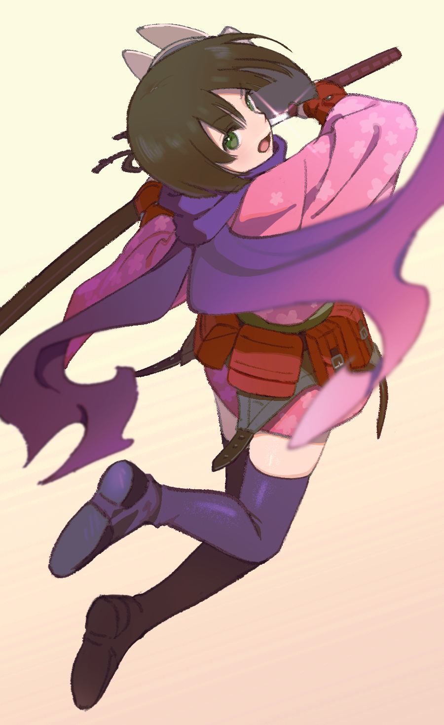 1girl, black_footwear, black_hair, boots, fox_mask, full_body, gradient_background, green_eyes