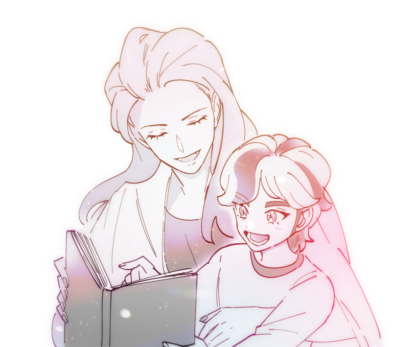 1boy, 1girl, aged_down, arven_(pokemon), book, closed_eyes, fang, holding