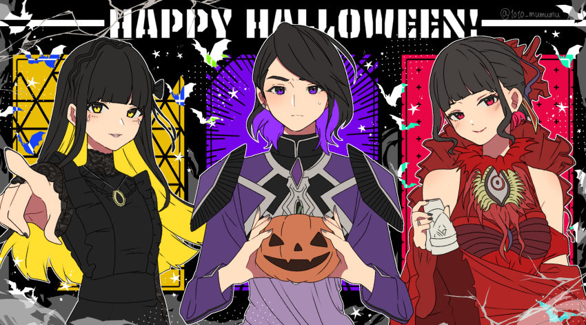 1010_mumumu, 1boy, 2girls, aguilera_(kamen_rider_revice), bare_shoulders, black_hair, black_nails, blunt_bangs