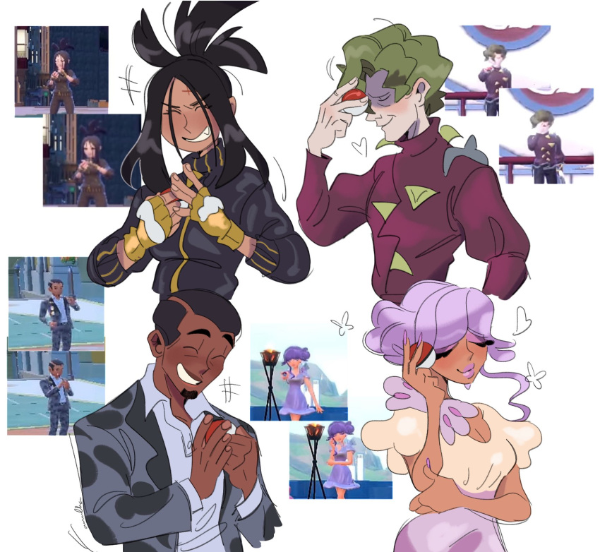 2boys, 2girls, awlba, black_hair, black_jacket, black_track_suit, brassius_(pokemon), buzz_cut