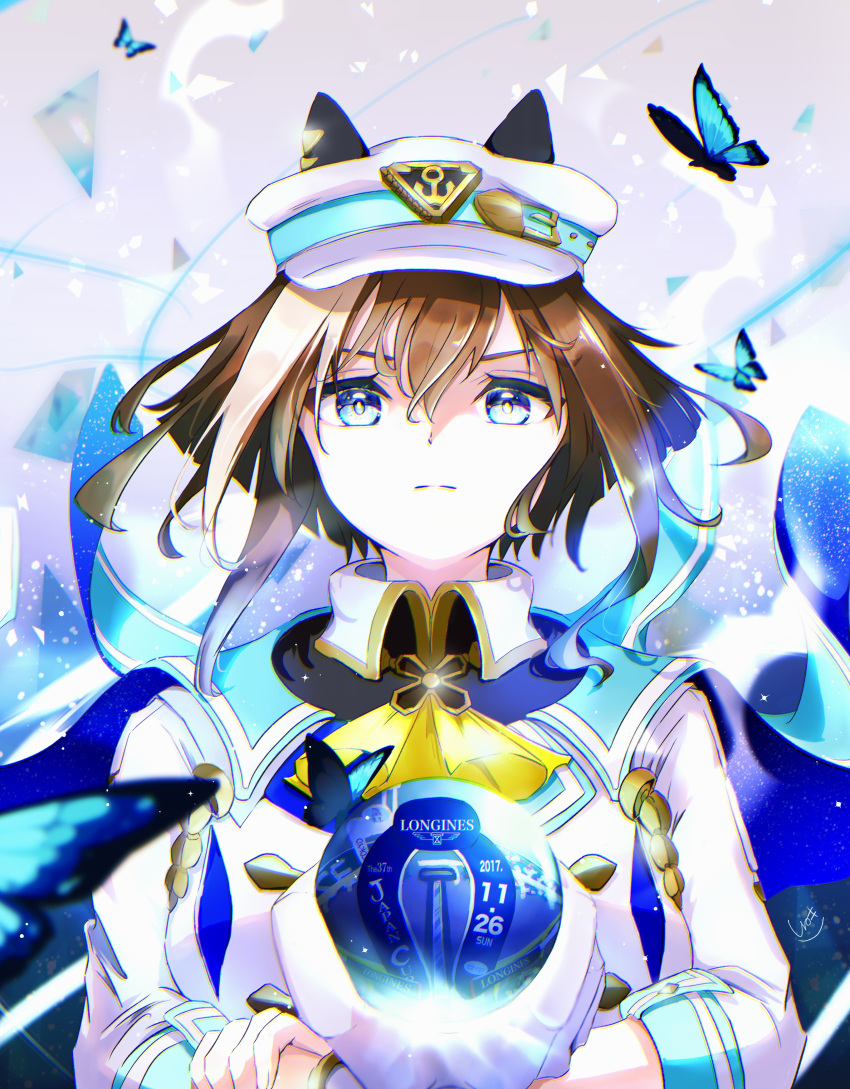 1girl, 2017, absurdres, animal_ears, ascot, blue_cape, blue_eyes, brown_hair, bug, butterfly, cape, cheval_grand_(umamusume), closed_mouth, commentary_request, dated, hair_between_eyes, hat, highres, holding_orb, horse_ears, horse_girl, jacket, long_sleeves, medium_hair, melon_atatame, multicolored_hair, peaked_cap, solo, streaked_hair, umamusume, upper_body, white_hair, white_headwear, white_jacket, yellow_ascot