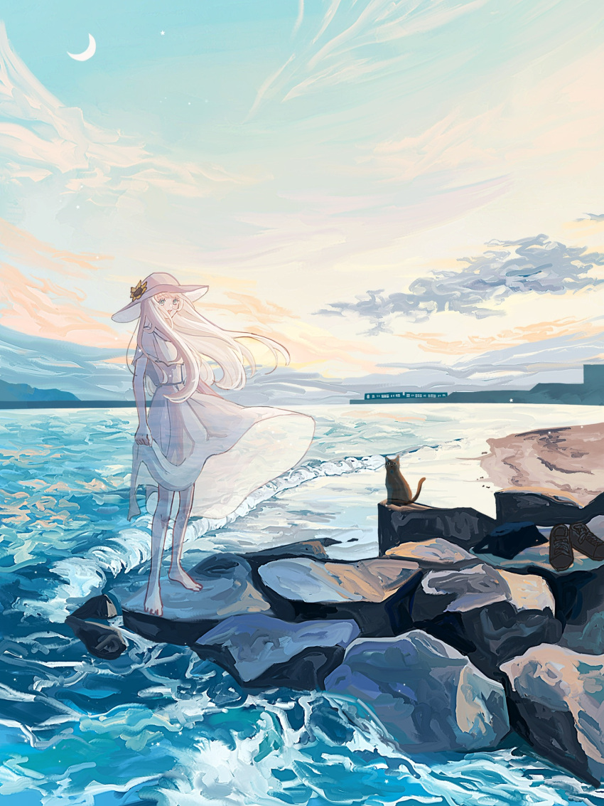 1girl, :d, barefoot, beach, black_cat, blue_eyes, blue_sky, cat
