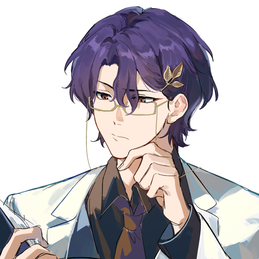 1boy, blue_hair, book, closed_mouth, dr._ratio_(honkai:_star_rail), fengguncao, formal, glasses