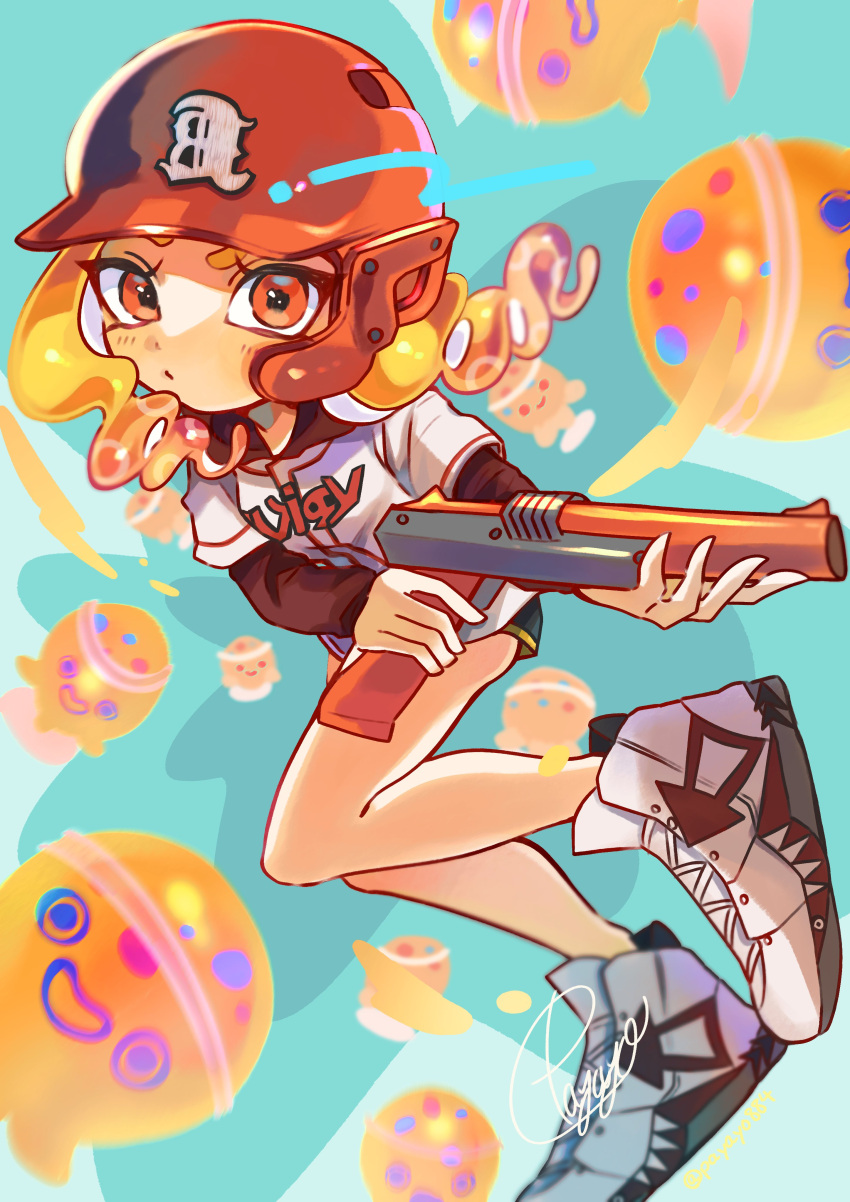 1girl, absurdres, baseball_helmet, baseball_uniform, black_shorts, blue_background, closed_mouth, commentary, drill_hair, full_body, gun, helmet, highres, holding, holding_gun, holding_weapon, long_hair, n-zap_(splatoon), octoling, octoling_girl, orange_eyes, orange_hair, payayo884, shoes, short_shorts, shorts, solo, splatoon_(series), splatoon_3, sportswear, super_chump_(splatoon), symbol-only_commentary, tentacle_hair, twin_drills, weapon, white_footwear