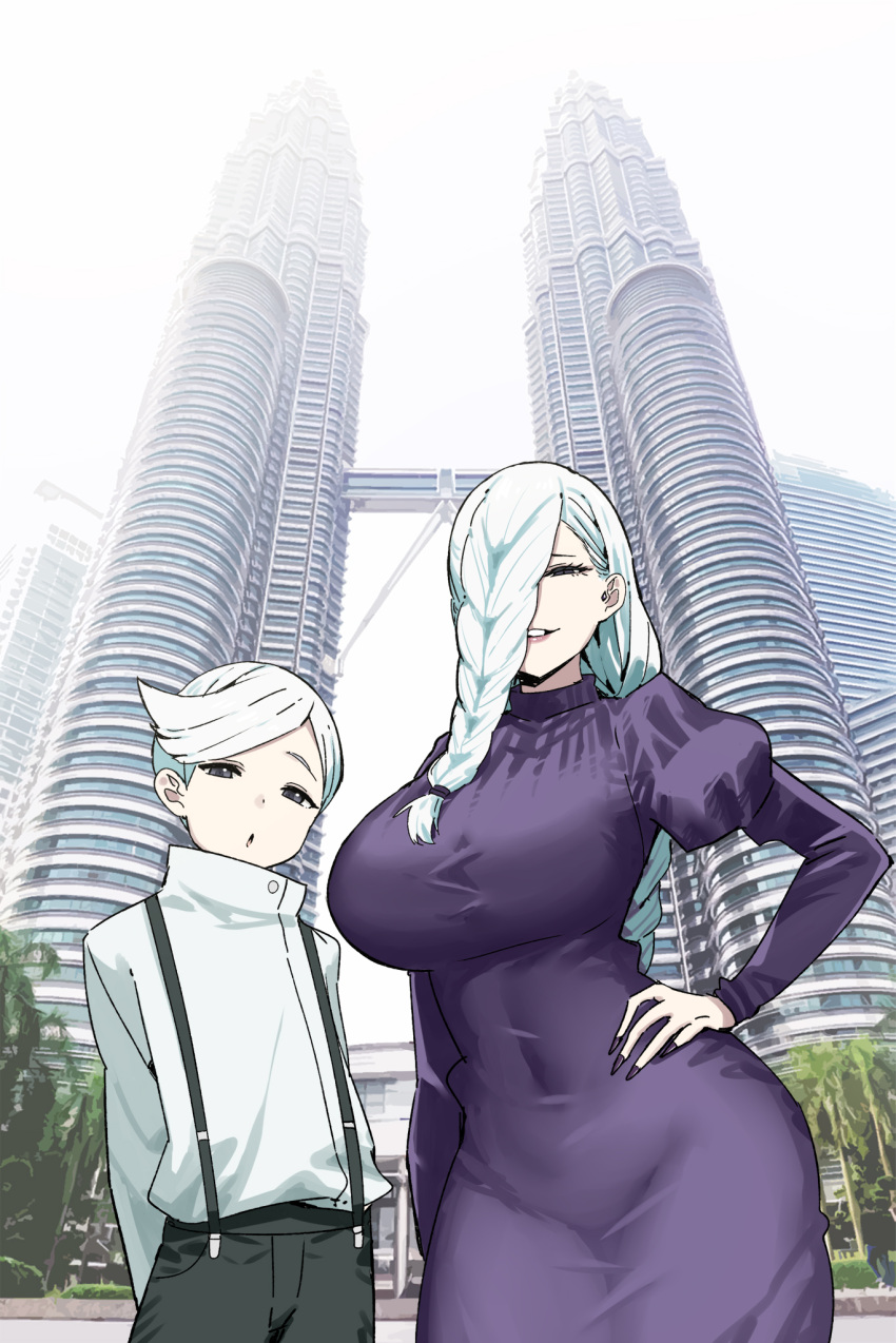 black_dress, city, covered_navel, day, dress, grey_eyes, hair_over_one_eye, hand_on_own_hip