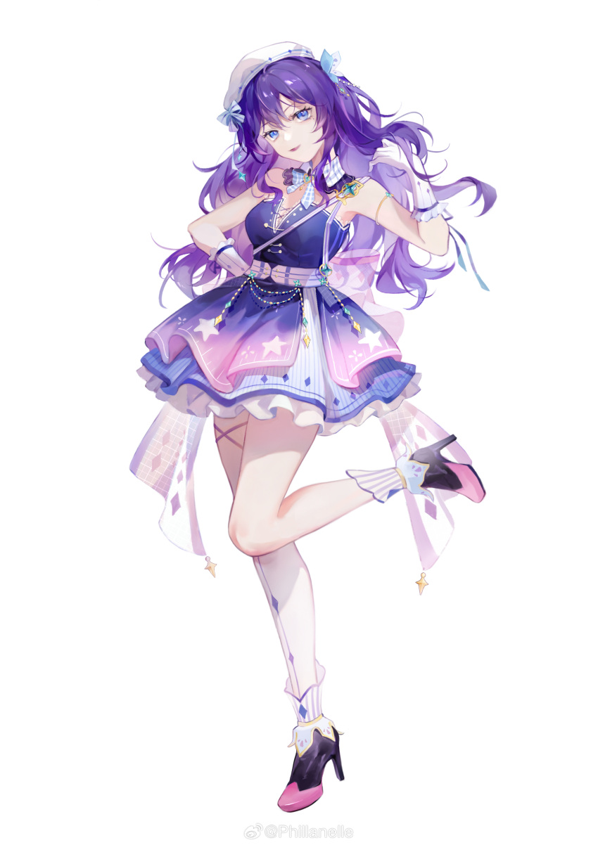 1girl, absurdres, arm_behind_back, arm_strap, back_bow, bare_shoulders, belt, beret, black_footwear, blue_bow, blue_bowtie, blue_dress, blue_eyes, bow, bowtie, butterfly_hair_ornament, collar, detached_collar, dress, eoe, floating_hair, frilled_collar, frilled_dress, frills, full_body, gloves, hair_ornament, hand_in_own_hair, hand_up, hat, hat_bow, head_tilt, high_heels, highres, idol, idol_clothes, leg_up, long_hair, mole, mole_under_eye, official_art, phillanelle, pink_bow, plaid, plaid_bow, plaid_bowtie, plaid_collar, print_dress, purple_dress, purple_hair, purple_lips, short_dress, single_thighhigh, solo, standing, standing_on_one_leg, star_(symbol), star_print, strapless, strapless_dress, tachi-e, thigh-highs, thigh_strap, two-tone_dress, virtual_youtuber, weibo_logo, weibo_username, white_background, white_belt, white_gloves, white_headwear, white_thighhighs, yumo_(eoe)