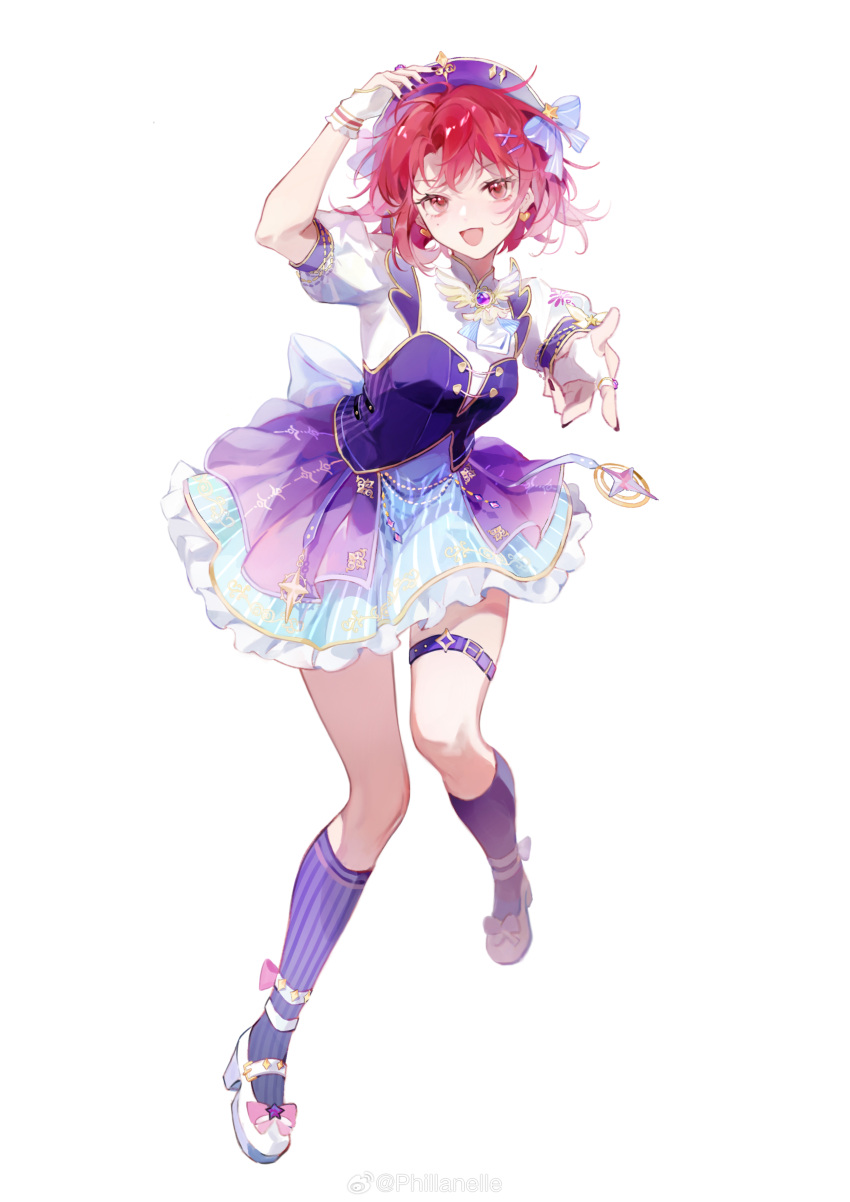 1girl, :d, absurdres, ankle_bow, ankle_strap, ascot, back_bow, belt