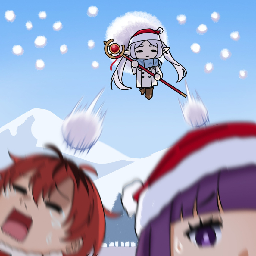 1boy, 2girls, blue_scarf, blurry, blurry_foreground, brown_footwear, chibi, closed_eyes