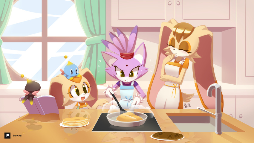 3girls, animal_ears, apron, blaze_the_cat, book, brown_fur, cat_ears, cat_girl