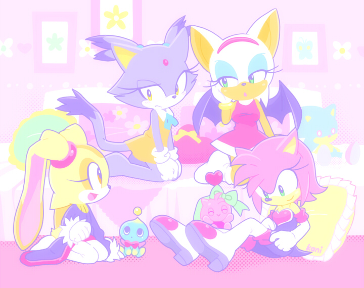 4girls, amy_rose, amy_rose_(cosplay), animal_ears, bat_ears, bat_girl, bat_wings, blaze_the_cat, blaze_the_cat_(cosplay), blue_eyeshadow, brown_eyes, cat_ears, cat_girl, cat_tail, chao_(sonic), cheese_(sonic), cosplay, costume_switch, cream_the_rabbit, cream_the_rabbit_(cosplay), dress, eyelashes, eyeshadow, forehead_jewel, fur-trimmed_gloves, fur_trim, furry, furry_female, gloves, green_eyes, hairband, heart, hedgehog_girl, kekani, makeup, multiple_girls, orange_dress, pants, pink_fur, purple_fur, rabbit_ears, rabbit_girl, red_dress, red_hairband, rouge_the_bat, rouge_the_bat_(cosplay), sonic_(series), tail, white_footwear, white_fur, white_gloves, white_pants, wings, yellow_eyes