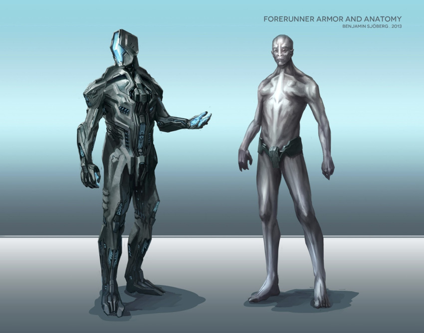 alien, anatomy, armor, benjamin_sjoberg, blue_background, concept_art, forerunner, gradient_background, halo_(series), highres, power_armor, science_fiction