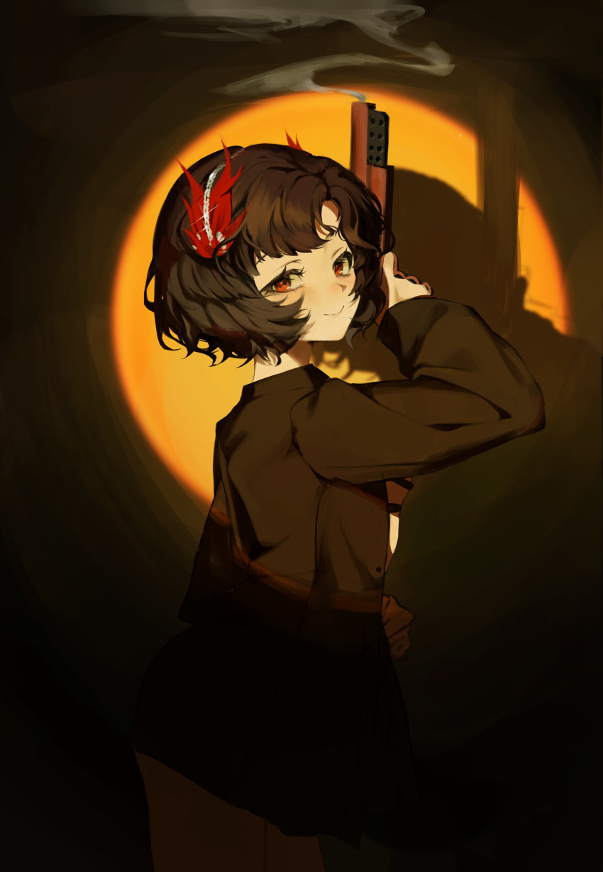 1girl, absurdres, black_coat, black_hair, circle, coat, cowboy_shot, curly_hair