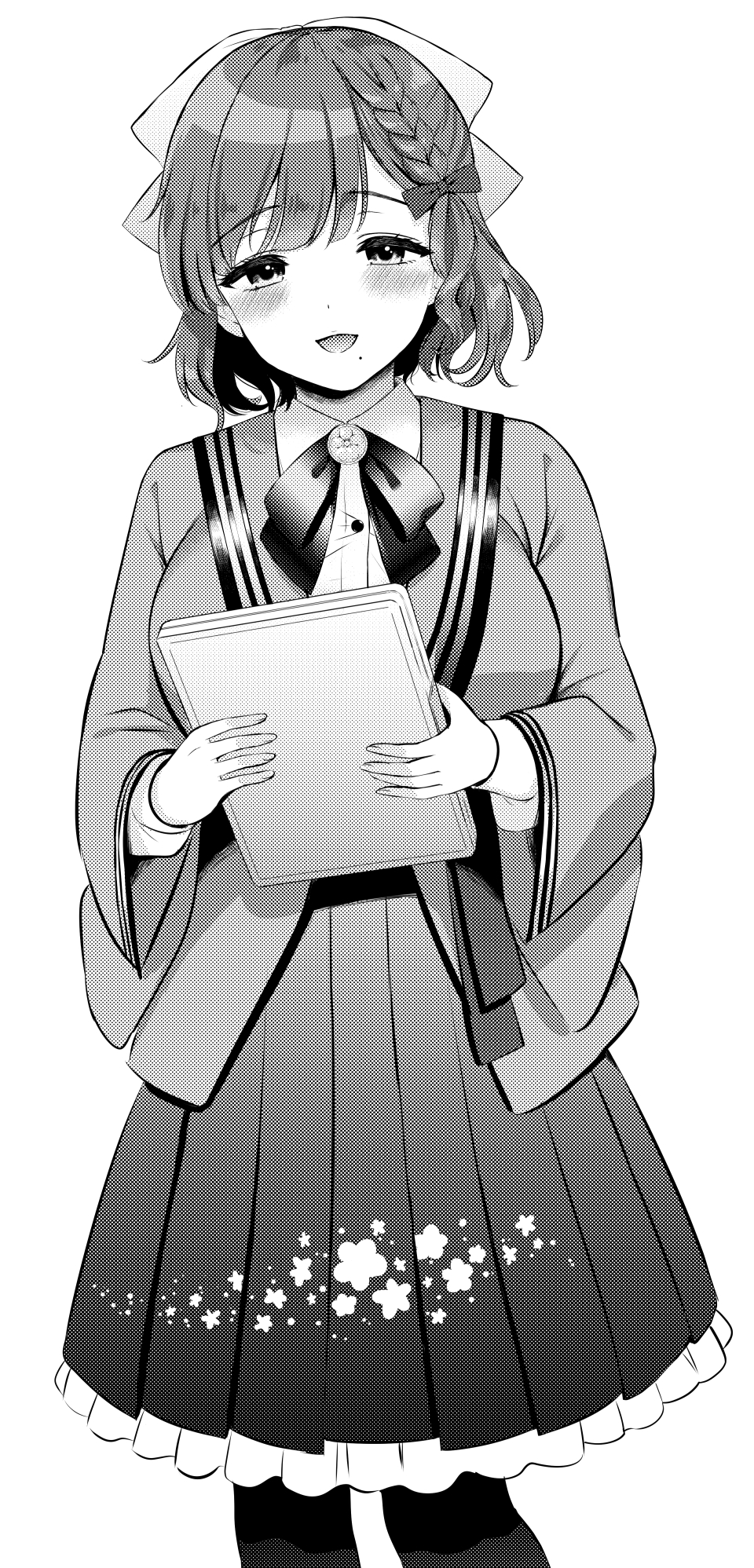 1girl, asahi_(kancolle), blush, braid, breasts, floral_print, greyscale, hair_ribbon