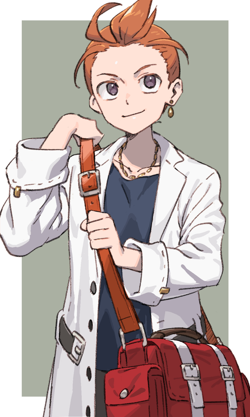 1boy, bag, belt, closed_mouth, cowboy_shot, highres, jewelry, lab_coat