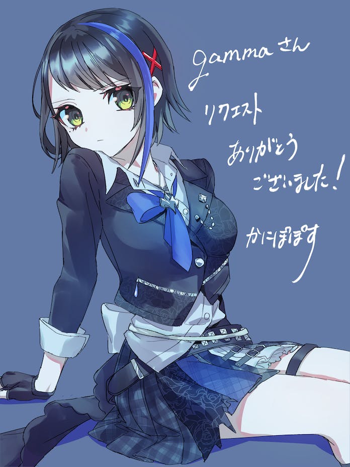 1girl, arm_support, black_gloves, black_hair, black_jacket, black_skirt, blue_hair, blue_neckerchief, breasts, closed_mouth, collared_shirt, commentary_request, commission, cosplay, cropped_jacket, denonbu, gloves, green_eyes, hair_ornament, idol_clothes, idolmaster, idolmaster_cinderella_girls, invisible_chair, jacket, kanipoposu, large_breasts, long_sleeves, looking_at_viewer, multicolored_hair, neckerchief, next_frontier_(idolmaster), pleated_skirt, seto_mitsuki_(denonbu), shirt, short_hair, sitting, skeb_commission, skirt, solo, streaked_hair, thigh_strap, white_shirt, x_hair_ornament