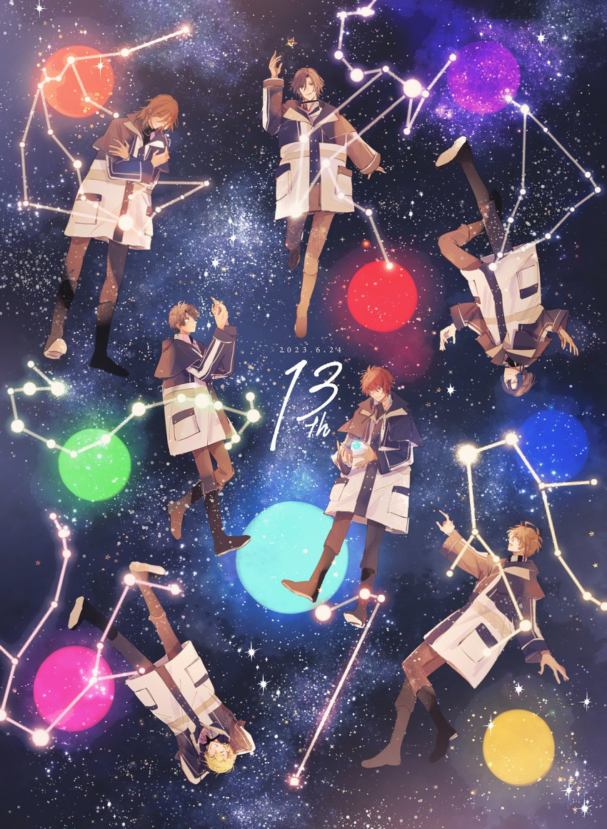 6+boys, :d, ^_^, aijima_cecil, anniversary, arms_behind_head, asymmetrical_bangs, black_footwear