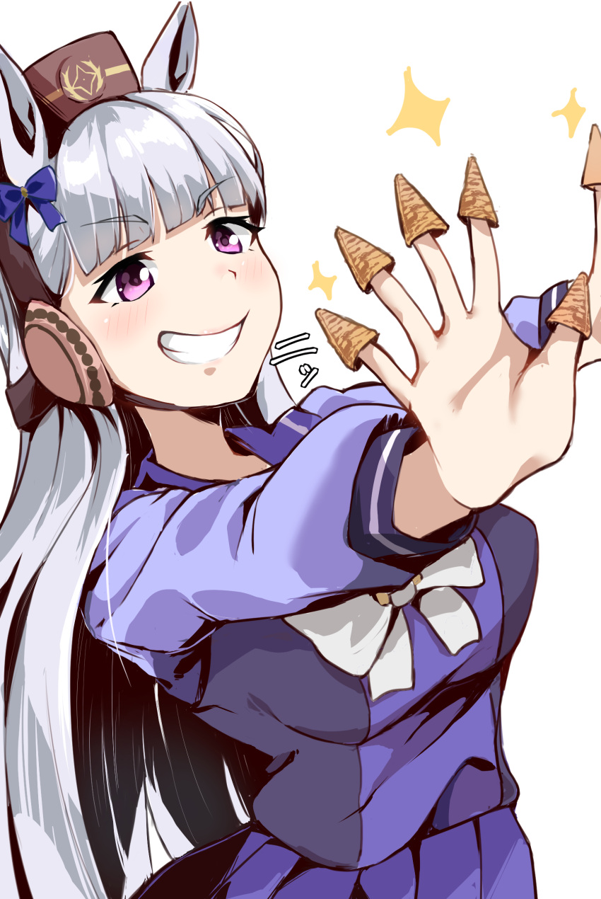 1girl, absurdres, animal_ears, blue_bow, blunt_bangs, bow, bowtie, bugles_(food)