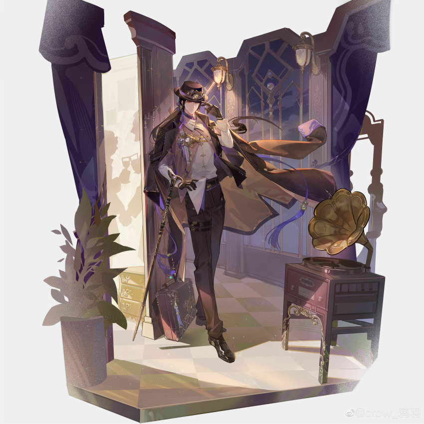 1boy, absurdres, alternate_costume, belt, black_belt, black_coat, black_footwear, black_gloves, black_hair, black_headwear, black_pants, brooch, brown_jacket, cane, checkered_floor, closed_mouth, coat, coat_on_shoulders, collared_jacket, crow_yayu, cuff_links, east_longan_pearls_(the_tale_of_food), expressionless, fedora, full_body, gear_hat_ornament, gears, gloves, hair_ribbon, hand_on_own_hip, hand_up, harness, hat, hat_ornament, highres, indoors, jacket, jewelry, lamp, long_hair, long_sleeves, looking_at_viewer, low_ponytail, male_focus, mandarin_collar, official_art, pants, parted_bangs, partially_unbuttoned, people, phonograph, plant, potted_plant, purple_ribbon, ribbon, shadow, shirt, shirt_partially_tucked_in, shoes, sleeve_cuffs, solo, standing, suitcase, tassel, the_tale_of_food, thigh_strap, white_background, white_shirt, window, yellow_eyes