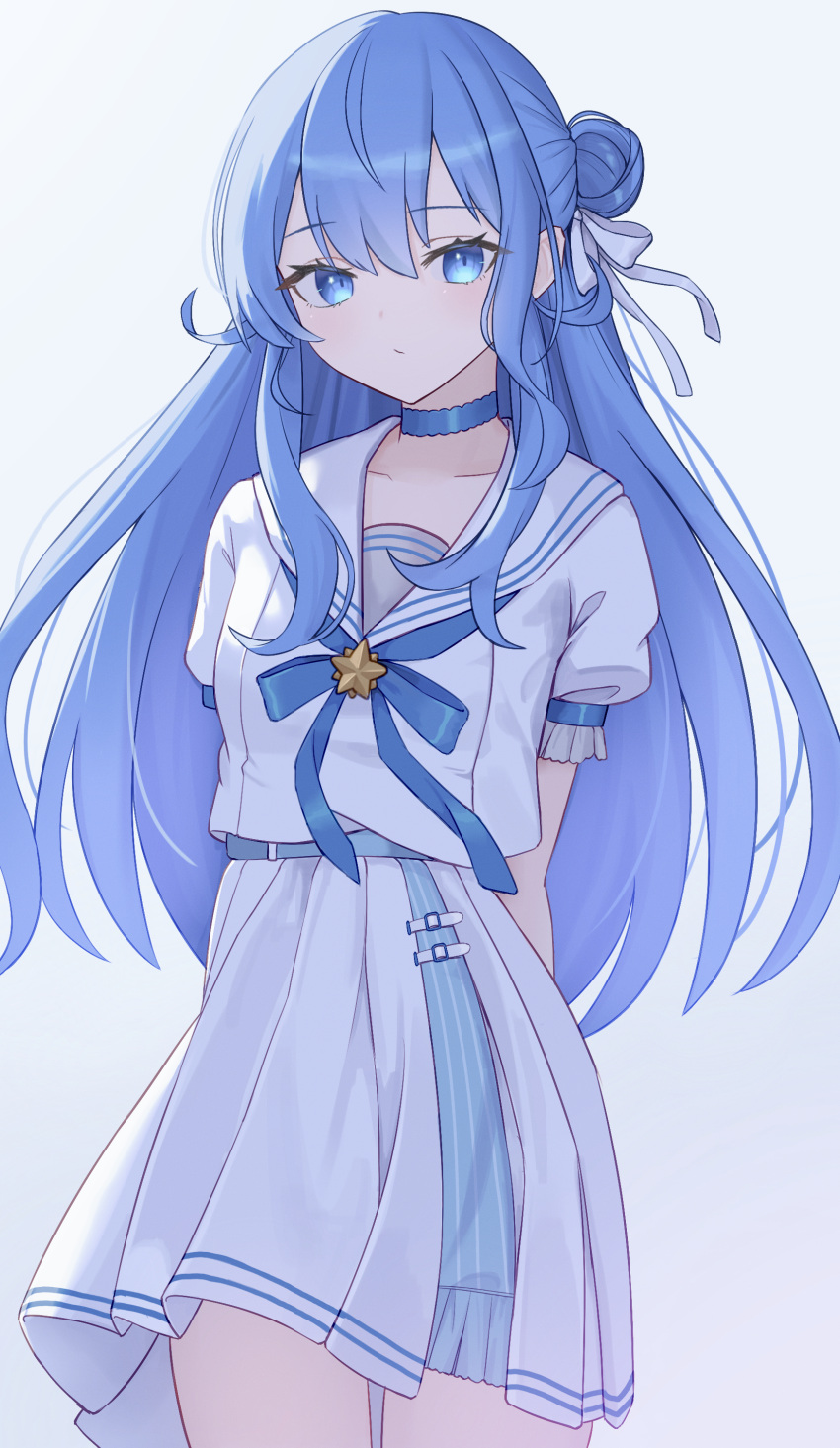 1girl, absurdres, arms_behind_back, blue_choker, blue_eyes, blue_hair, brooch, choker
