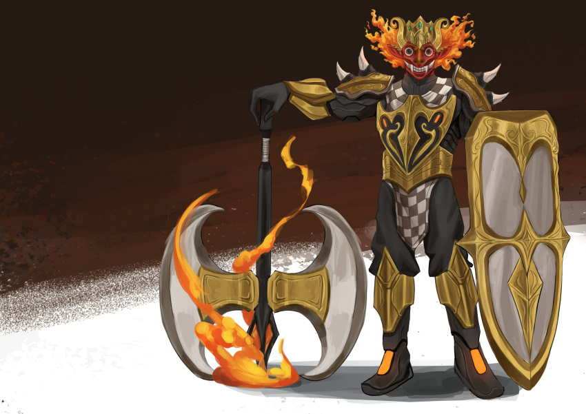 1other, absurdres, armor, axe, commentary, english_commentary, fire, full_body