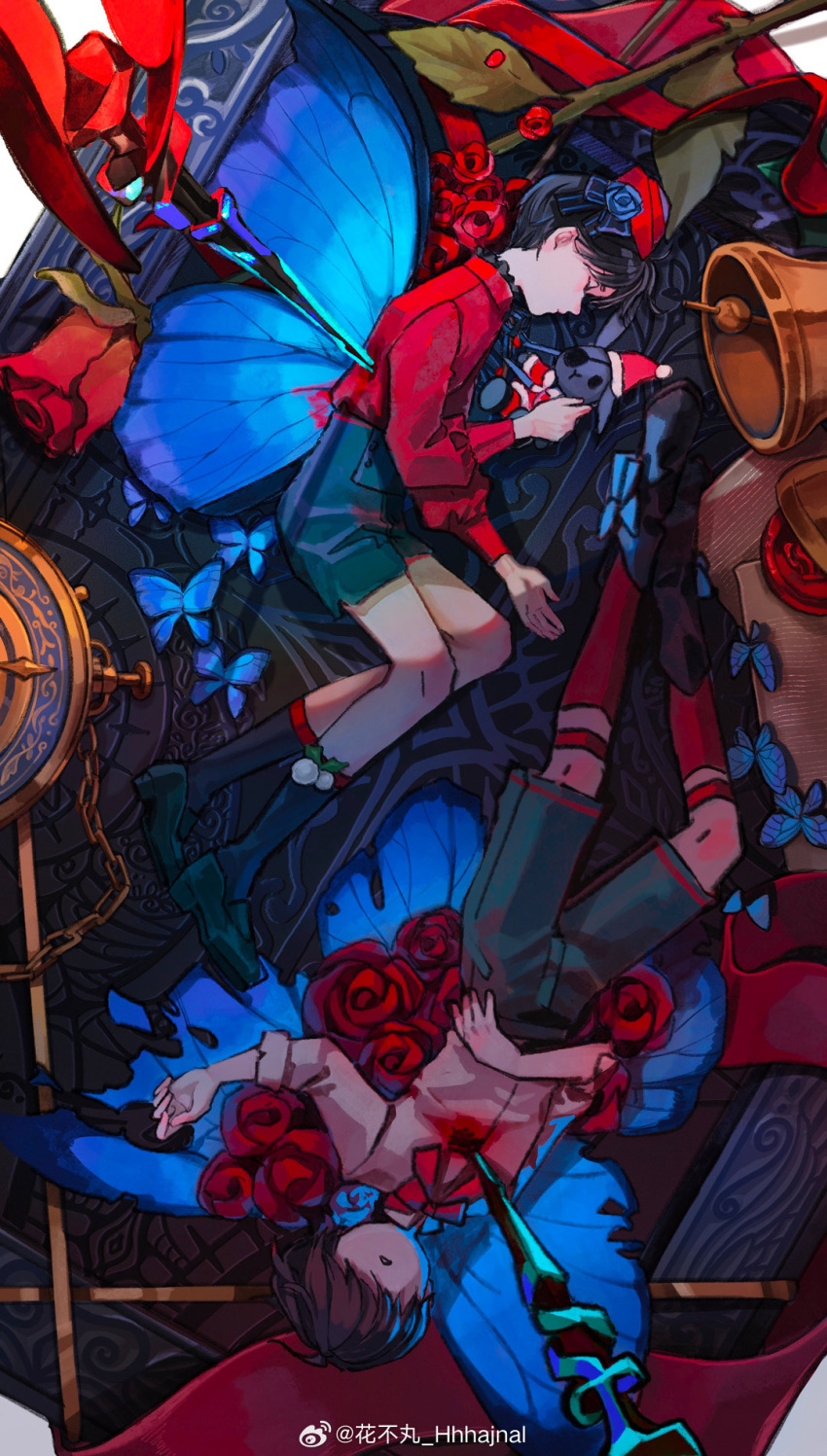 1boy, 2boys, black_hair, blood, blood_on_clothes, blue_butterfly, blue_flower, blue_hair