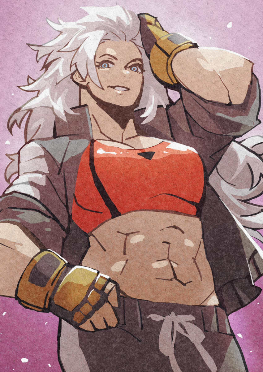 1girl, abs, black_pants, black_track_suit, crop_top, double_dragon, e-kaki, hand_in_own_hair