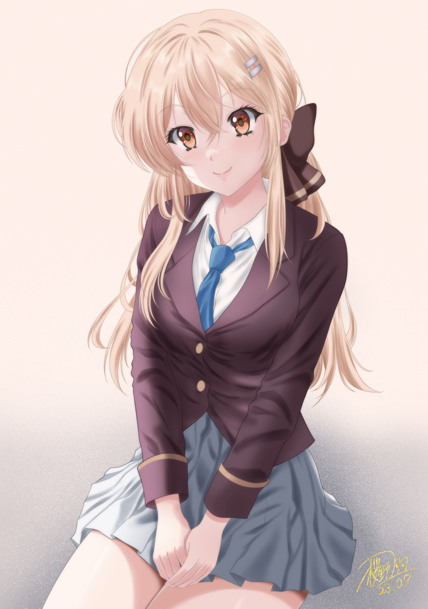 1girl, absurdres, black_jacket, black_ribbon, blonde_hair, blue_necktie, brown_background, brown_eyes