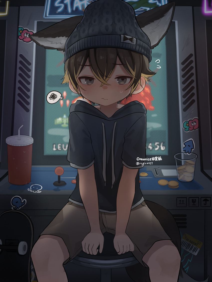 1boy, absurdres, animal_ears, beanie, black_hair, blonde_hair, blue_headwear, blue_hoodie