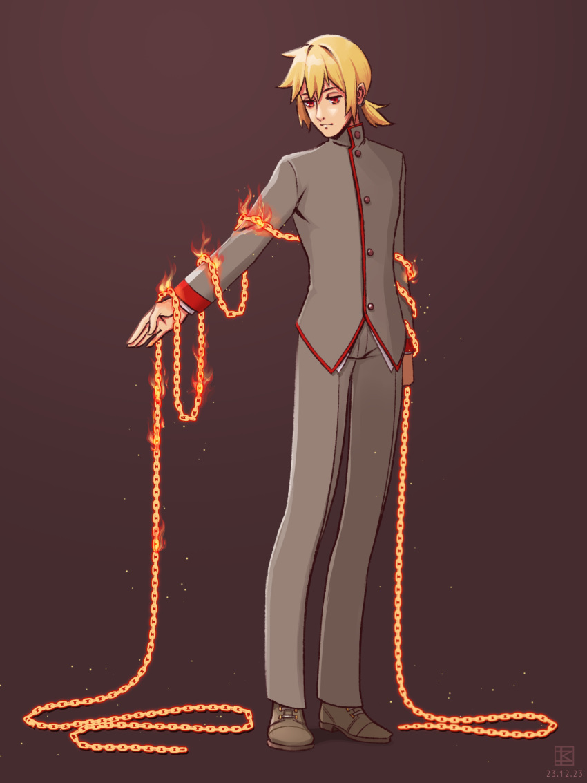1other, arc_(housamo), blonde_hair, brown_background, brown_footwear, chain, closed_mouth, commentary, dated, expressionless, fire, full_body, gakuran, glowing_chain, grey_pants, highres, ko_myth, light_particles, long_sleeves, looking_at_object, low_ponytail, other_focus, pants, red_eyes, school_uniform, self-upload, shirt, shoes, short_hair, sidelocks, signature, simple_background, standing, tokyo_afterschool_summoners, white_shirt