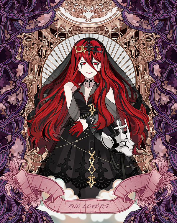 1girl, bare_shoulders, black_choker, black_dress, black_veil, bridal_veil, choker, circlet, cowboy_shot, dress, forever_7th_capital, gloves, hair_between_eyes, half_gloves, hand_up, korean_commentary, lipstick, long_bangs, long_hair, long_sleeves, looking_at_viewer, makeup, mask, olucia_(forever_7th_capital), parted_lips, plant, plunging_neckline, red_eyes, red_gloves, red_lips, redhead, runny_makeup, see-through, see-through_sleeves, slothm22, smile, solo, tarot, tarot_(medium), the_lovers_(tarot), unworn_mask, veil, vines