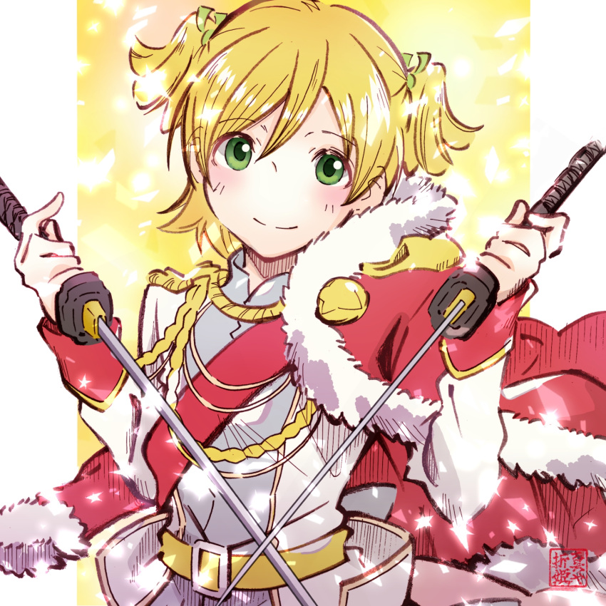 1girl, aiguillette, artist_name, belt, belt_buckle, blonde_hair, blush, buckle
