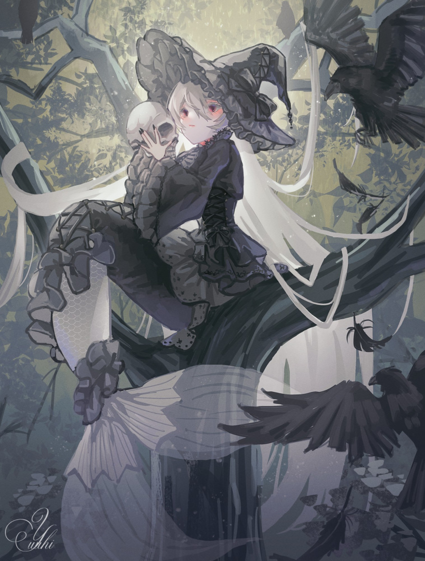 1girl, bell_sleeves, bird, black_bow, black_dress, black_headwear, black_nails, bow