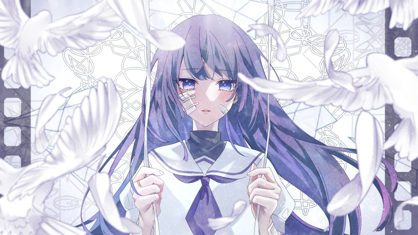 1girl, akuru-chan, akuru-chan_(cosplay), bandaid, bandaid_on_face, blue_eyes, blue_hair, blue_neckerchief