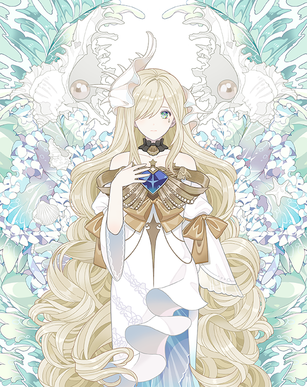 1girl, :|, arm_at_side, bare_shoulders, black_collar, blonde_hair, blue_gemstone, closed_mouth, collar, cowboy_shot, dress, expressionless, flora_(forever_7th_capital), forever_7th_capital, frilled_dress, frills, gem, gold_trim, hair_over_one_eye, hand_on_own_chest, juliet_sleeves, long_dress, long_hair, long_sleeves, looking_at_viewer, off-shoulder_dress, off_shoulder, pearl_(gemstone), puffy_sleeves, ribbon, seashell, shell, shell_hair_ornament, slothm22, solo, standing, starfish, straight-on, teardrop_facial_mark, very_long_hair, waves, wavy_hair, white_background, white_dress, yellow_ribbon