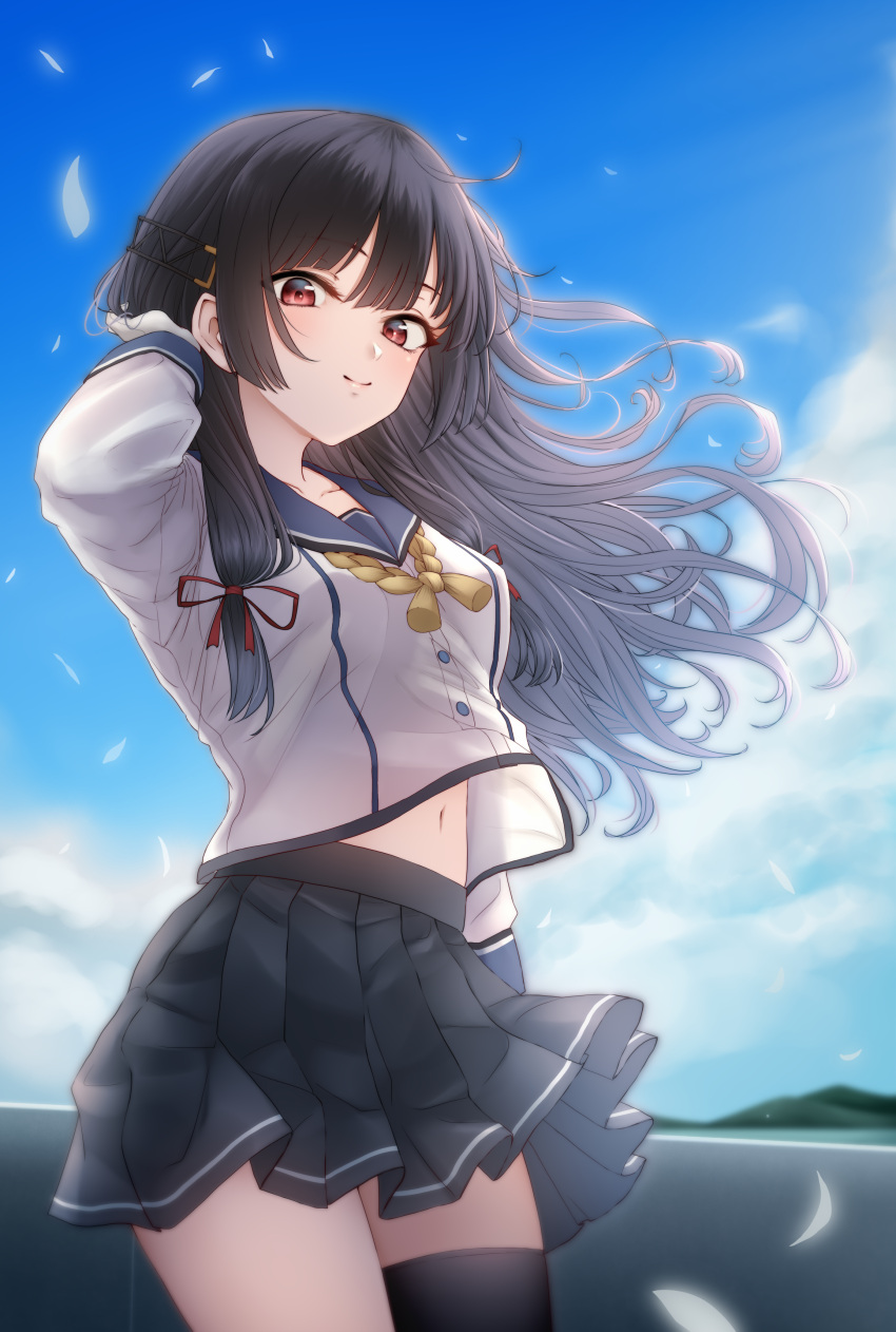 1girl, absurdres, black_hair, black_skirt, black_thighhighs, blue_sailor_collar, blush, closed_mouth