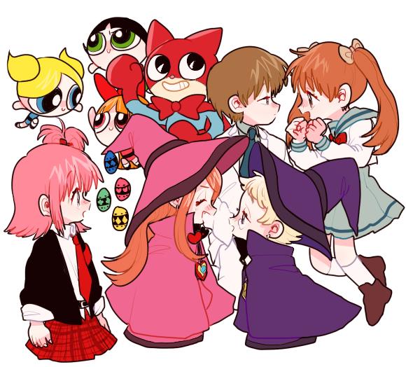 2boys, 6+girls, arms_at_sides, belt, black_belt, black_footwear, black_hair, black_jacket