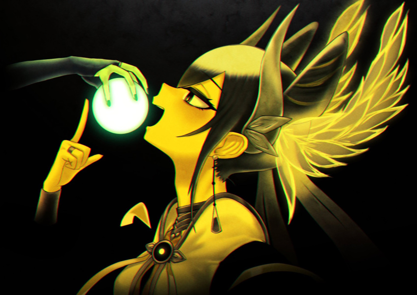 2girls, black_background, black_hair, bridal_gauntlets, duel_monster, highres, holding_orb, hu-li_the_jewel_mikanko