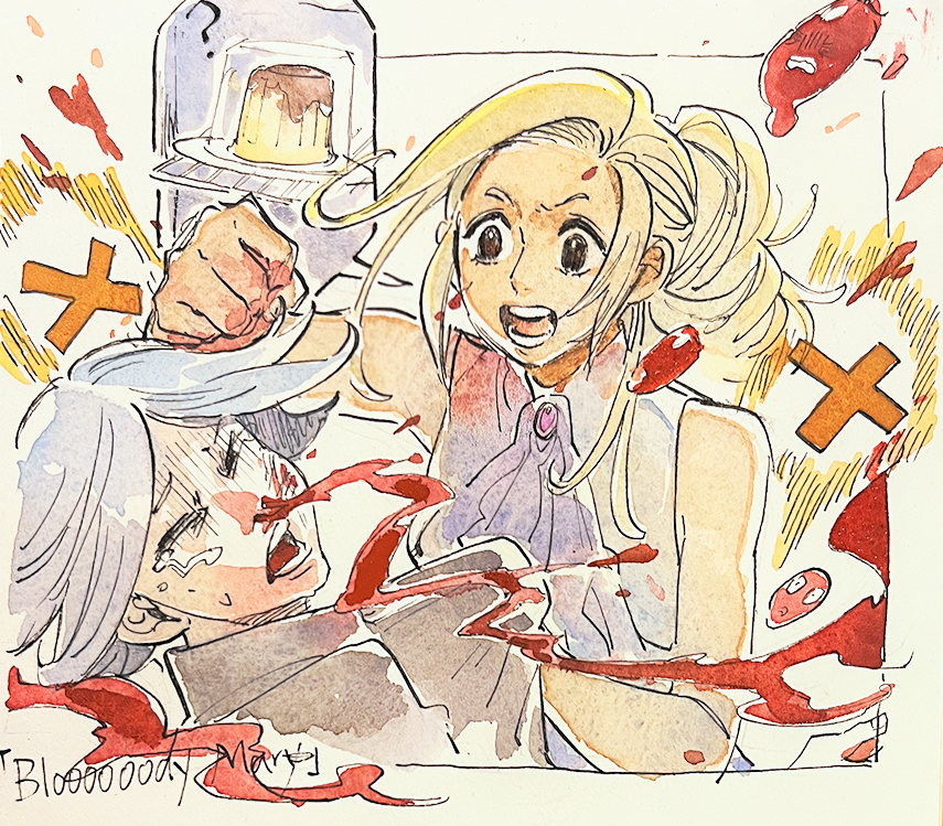 1boy, 1girl, ?, angry, black_eyes, blonde_hair, blood, blood_on_face, clenched_hand, dress, frown, furrowed_brow, grey_hair, hand_up, hunter_x_hunter, long_hair, lynch_fullbokko, nosebleed, open_mouth, parted_bangs, ponytail, rakuko, short_eyebrows, sidelocks, sketch, sleeveless, tears, teeth, tongue, violence, zakuro_custard
