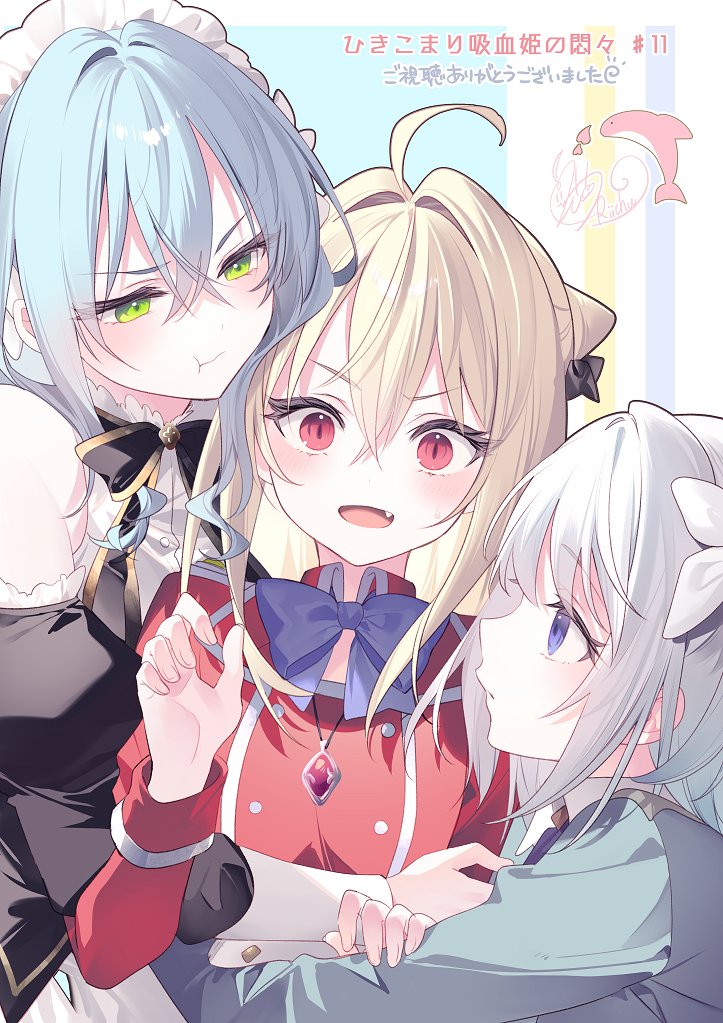 3girls, ahoge, blonde_hair, blue_eyes, blue_hair, fang, green_eyes, hair_ornament