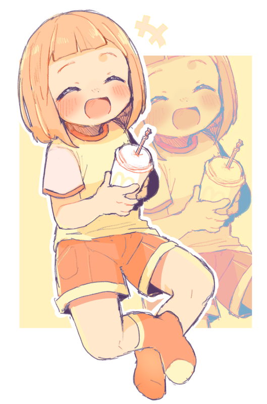 1girl, :d, blush, bob_cut, child, closed_eyes, cup, daughter_(yoru_mac)